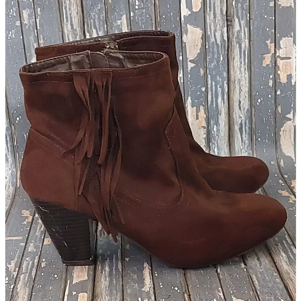 Cato Size 8 Side Zip Ankle Boots Block Heel Booties Brown Faux Suede Fringe